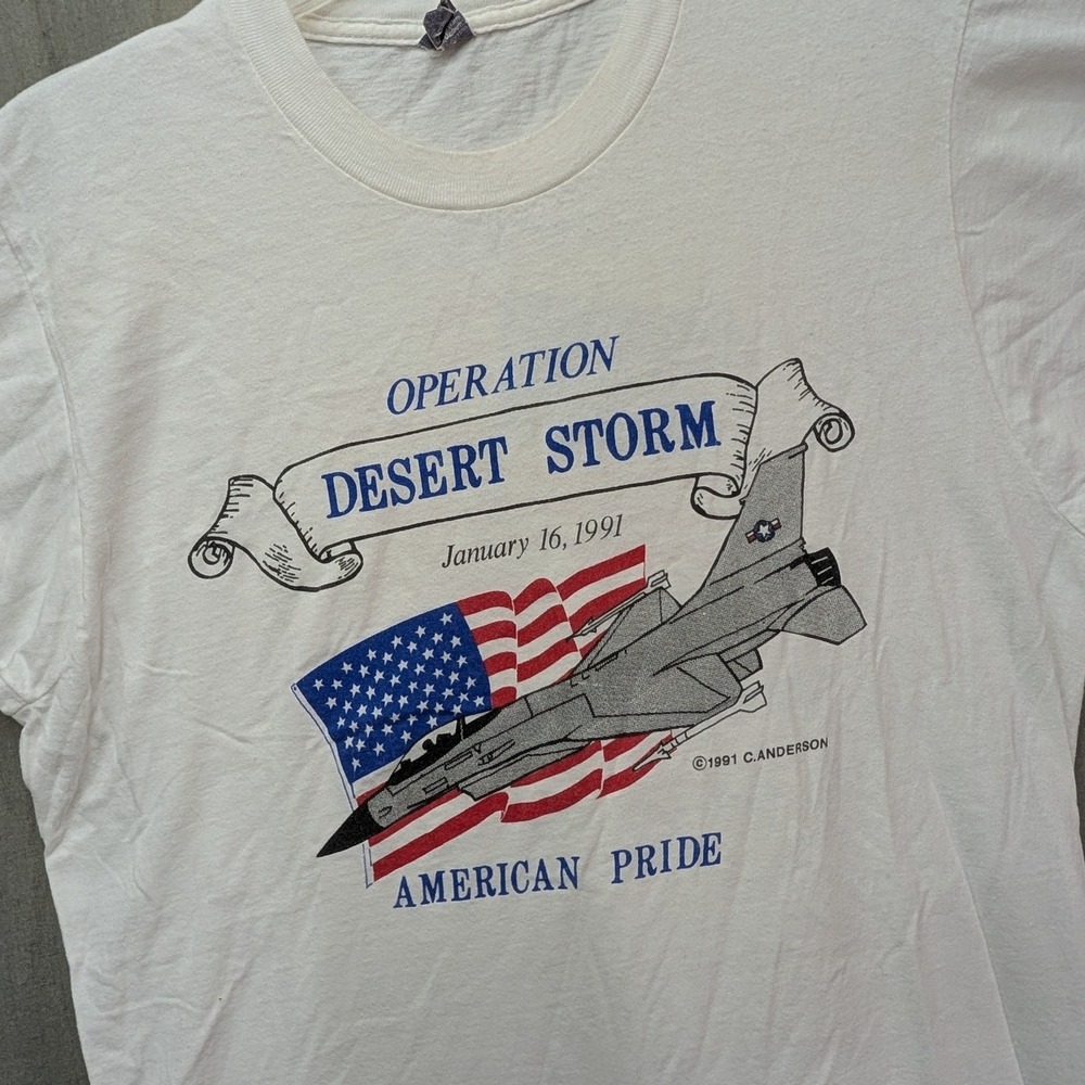 Vintage 1991 Operation Desert Storm T-Shirt BVD American Pride F-16 White Large